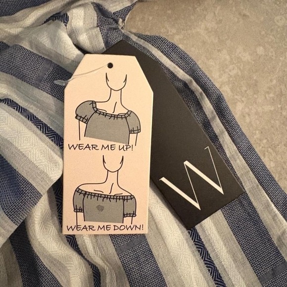 NWT Wrapper Navy Blue White Striped Off-Shoulder Dress Blouse (Women's Small) - Picture 6 of 7